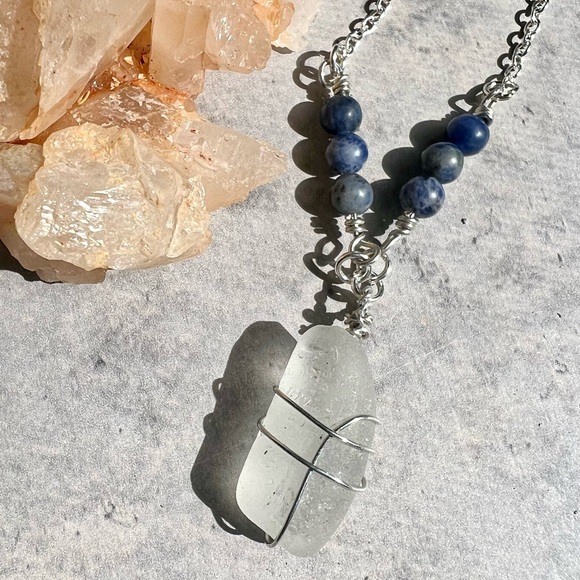 Seaglass + Sodalite Crystal Chain Handmade Necklace - Picture 7 of 7